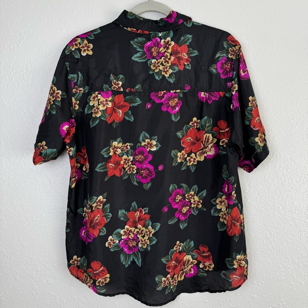 Ship'n Shore silk black floral tropical hawaiian button front blouse top M - Picture 5 of 9